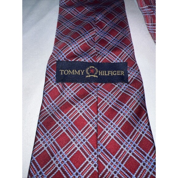 Vintage: Tommy Hilfiger Mens Tie, Red White Check Pattern, Classic 2 Tone - Picture 3 of 6
